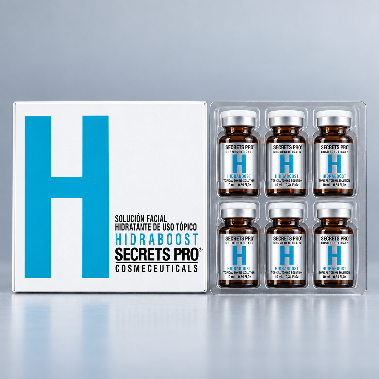 Productos 11 HIDRABOOST de Secrets Pro: caja y seis viales de 10 ml