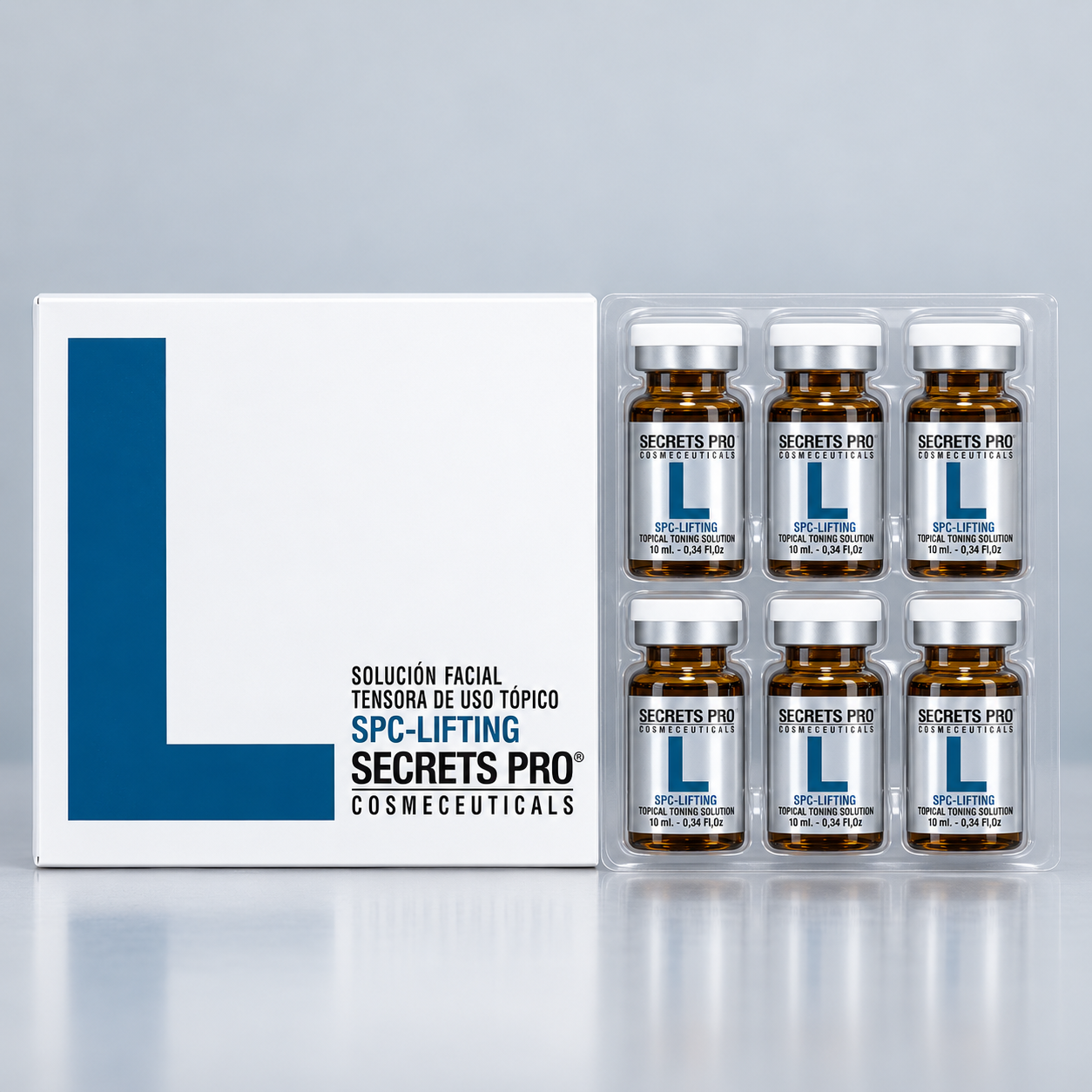 Productos 7 SPC-LIFTING de Secrets Pro: caja y seis viales de 10 ml