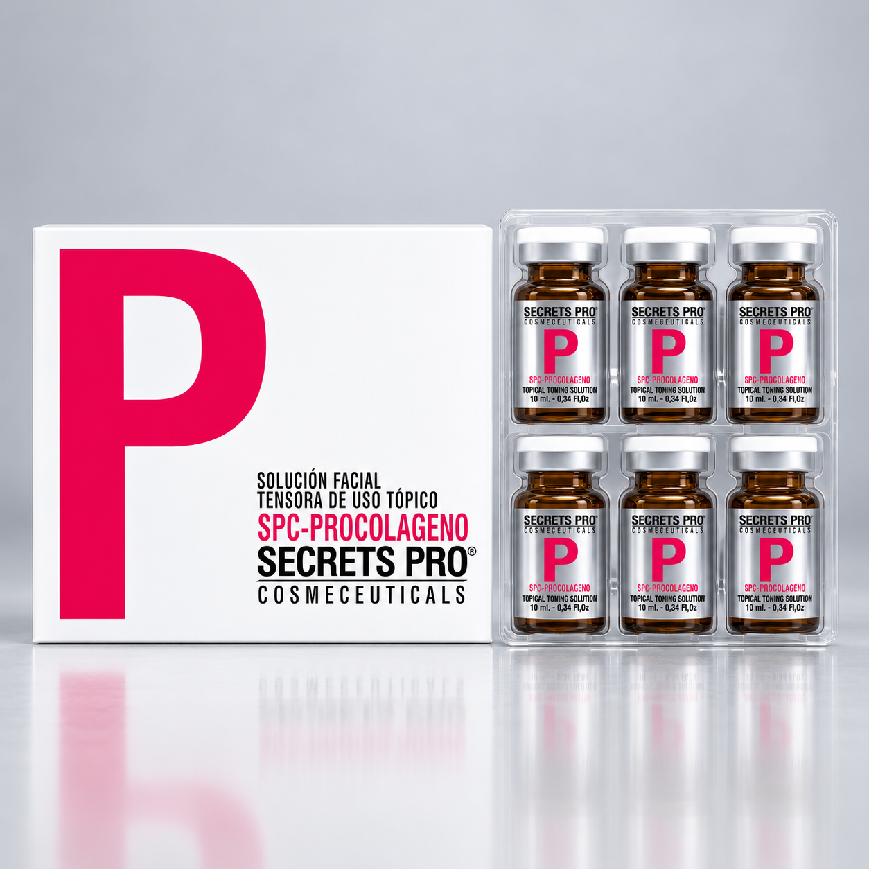 Productos 3 SPC-PROCOLAGENO de Secrets Pro: caja y seis viales de 10 ml