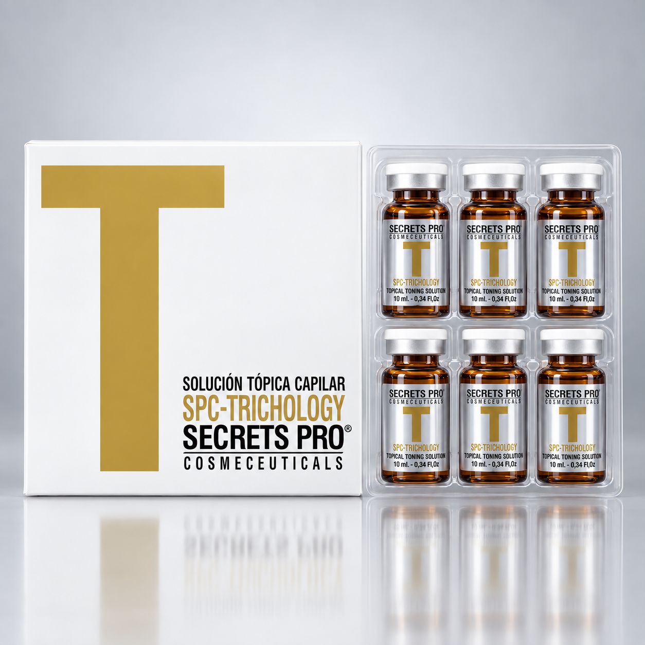 Productos 2 SPC-TRICHOLOGY de Secrets Pro: caja y seis viales de 10 ml