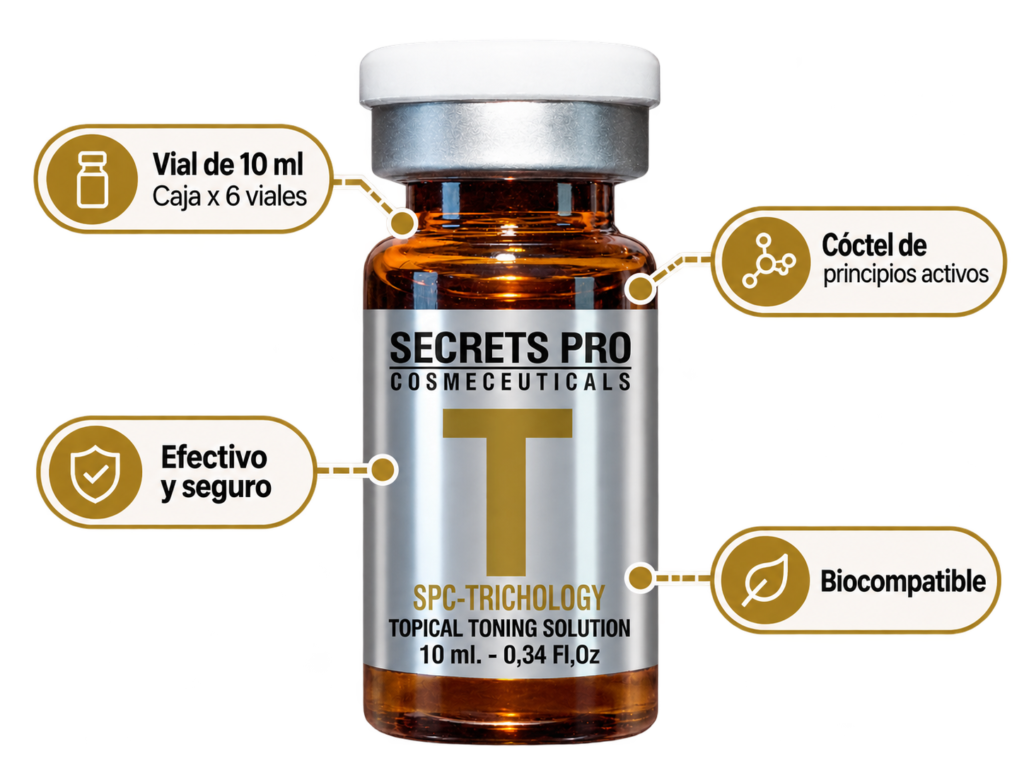 Vial SPC-TRICHOLOGY de Secrets Pro, presentación de 10 ml en caja de 6 viales