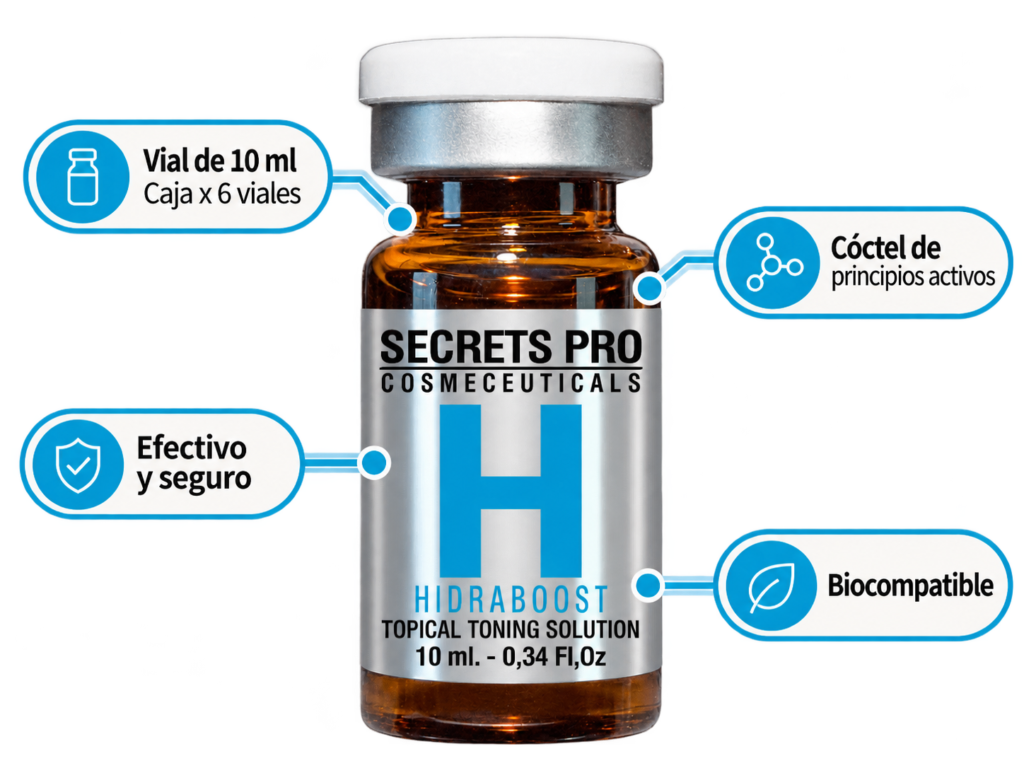 Vial HIDRABOOST de Secrets Pro, presentación de 10 ml en caja de 6 viales