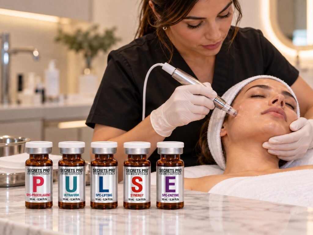 Profesional realizando un tratamiento estético facial junto a productos Secrets Pro Cosmeceuticals