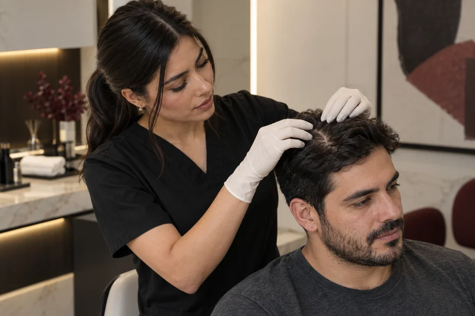 Inicio 12 Escena ilustrativa de valoración estética capilar por una profesional